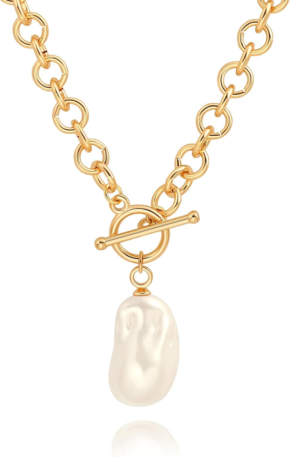 18k Gold Plated Chain Link Necklace for Women, Baroque Pearl/Compass Pendant Necklace
