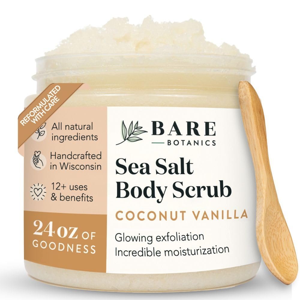 Bare Botanics Coconut Vanilla Body Scrub 24oz | Made in Madison, WI | All Natural Sea Salt Exfoliator w/ Skin Loving Moisturizers | Vegan & Cruelty Free | Gift Ready Packaging w/ a Cute Wooden Spoon | All Natural, Non Toxic, Vegan and Cruelty Free | Handpoured in Madison, WI | Ready to Gift | Comes with Cute Wooden Spoon