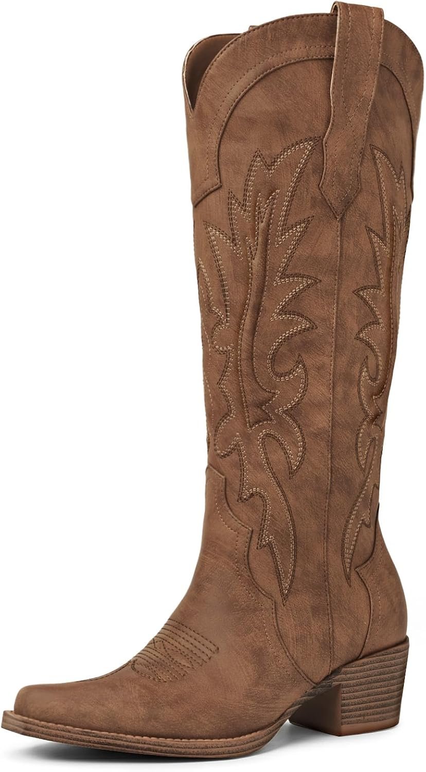 Women’s Brown Knee High Cowboy Boots Pointed Toe Embroidered Western Boots Chunky Heel Fashion Cowgirl Tall Boots for Concert Festival Fall Outfits 8.5