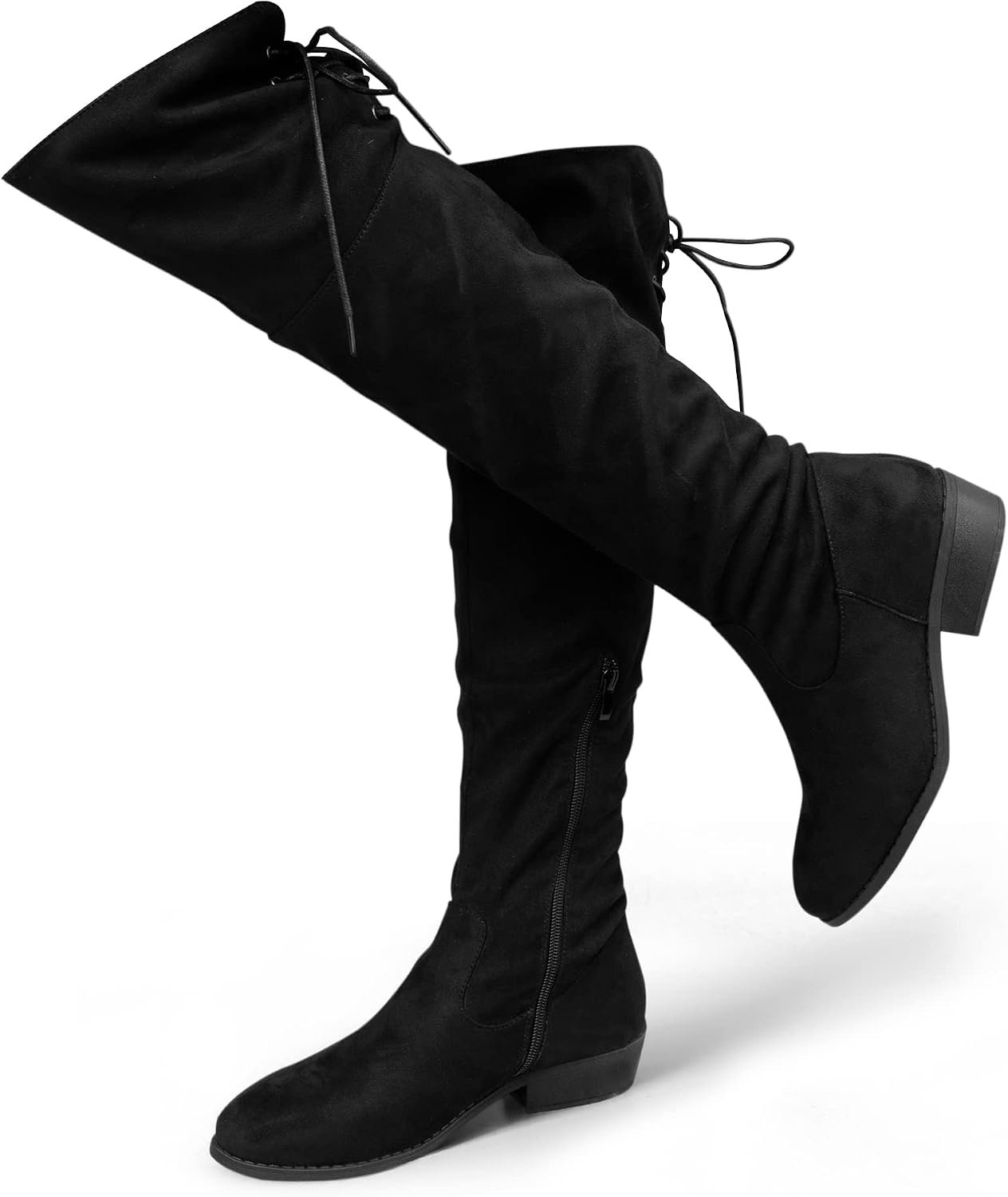 Hawkwell Women’s Thigh High Fashion Boots Over The Knee Black Low Flat Heel Boots