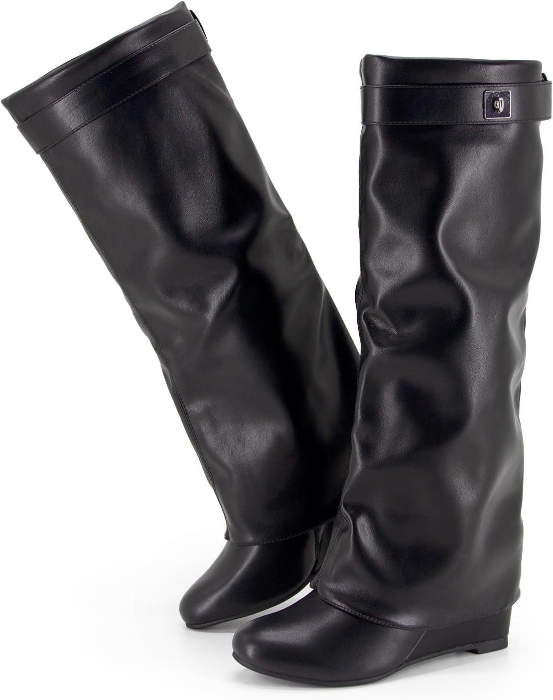 Fold Over Boots for Women Knee High Shark Boots Wedge Heel Flat Shoes