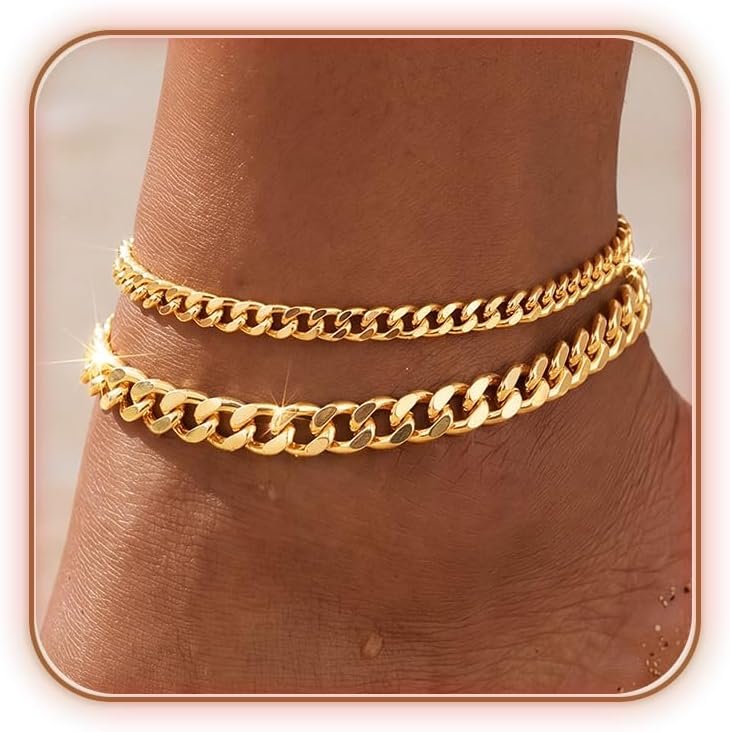Chunky Cuban Link Ankle Bracelets for Women Waterproof, 14K Gold Plated Anklets Cubic Zirconia Silver Plated Adjustable Thick Dainty Chain Trendy Beach Summer Fashion Jewelry Gift
