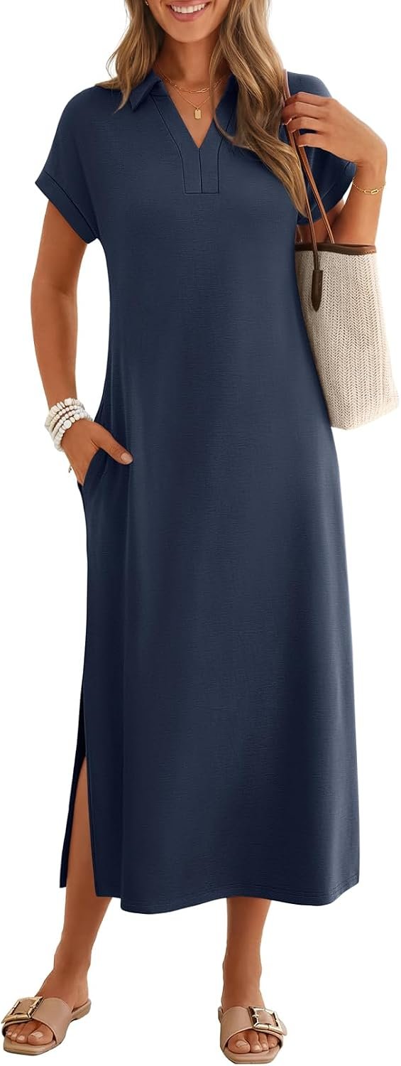 MEROKEETY Women’s Summer Casual V Neck Collared T Shirt Long Maxi Dress