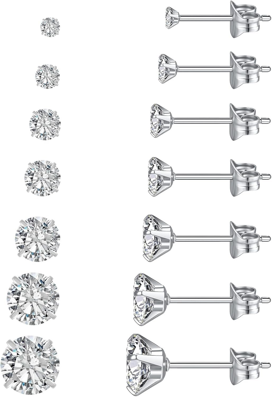 7 Pairs Silver Cubic Zirconia Stud Earrings for Women Hypoallergenic