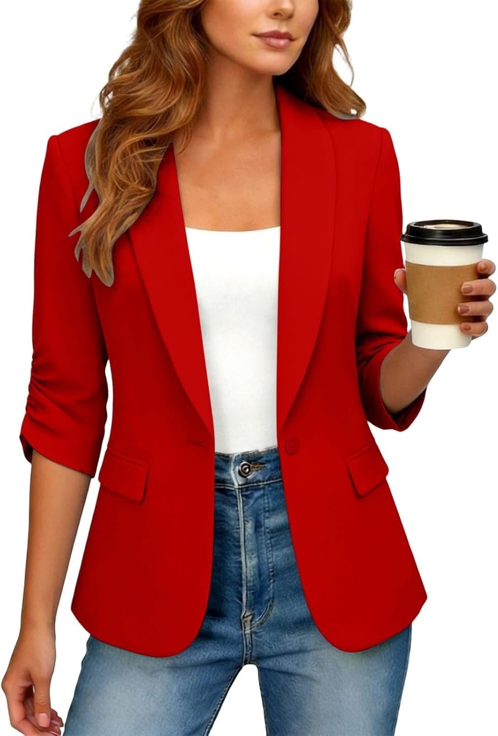 Blazers for Women Business Casual Single Button Ruched 3/4 Sleeve Suit Jackets Interview Office Work Outfits 2026