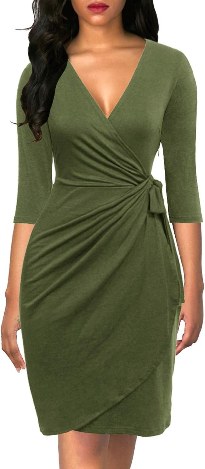 Berydress Women’s 3/4 Sleeve V Neck Casual Party Work Faux Black Wrap Dress