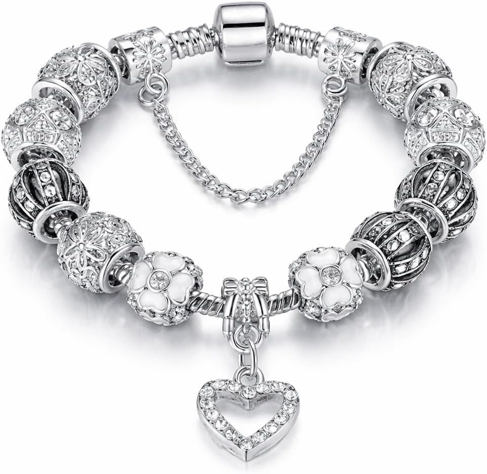 Savlano Silver Tone Charm Bracelet with Crystal and Murano Glass Beads Snake Chain for Women Comes in a Gift Box