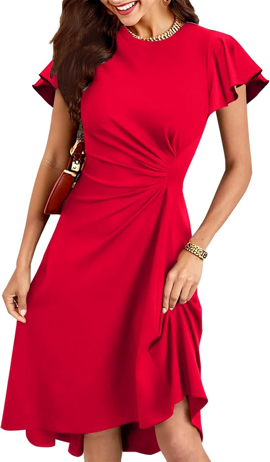 oten Women’s 2025 Elegant Ruffle Sleeve Ruched Waist Flowy A Line High Low Midi Cocktail Party Dress