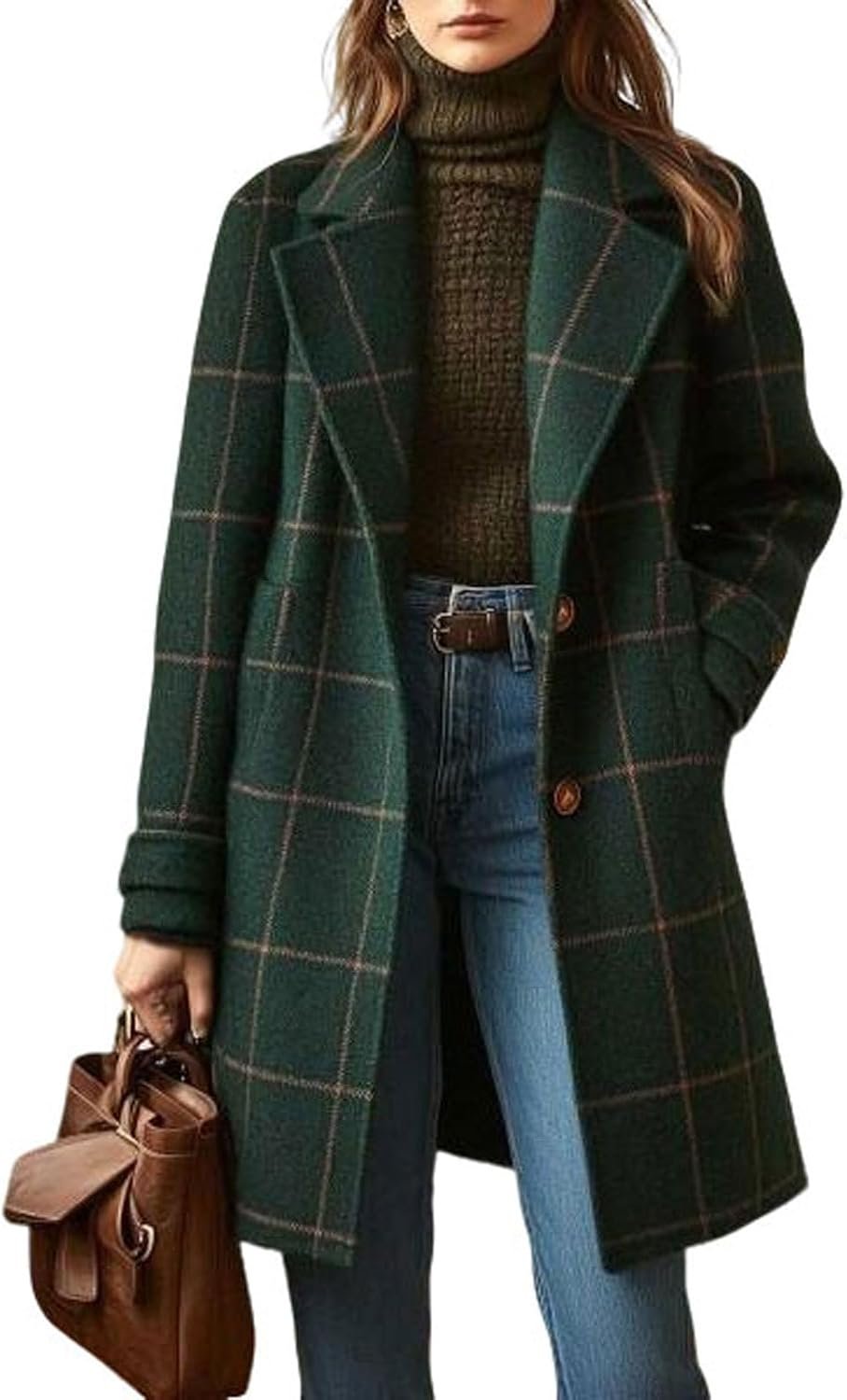 utcoco Women’s Plaid Trench Coat Vintage Mid Length Notch Lapel Single Breasted Winter Wool Blend Outerwear
