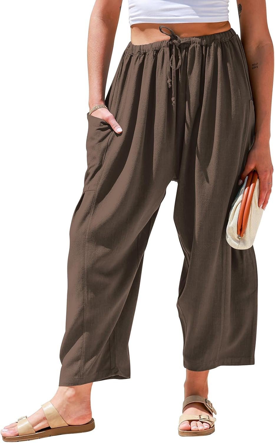 TARSE Womens Linen Wide Leg Pants Casual Palazzo Harem Pants with Pockets