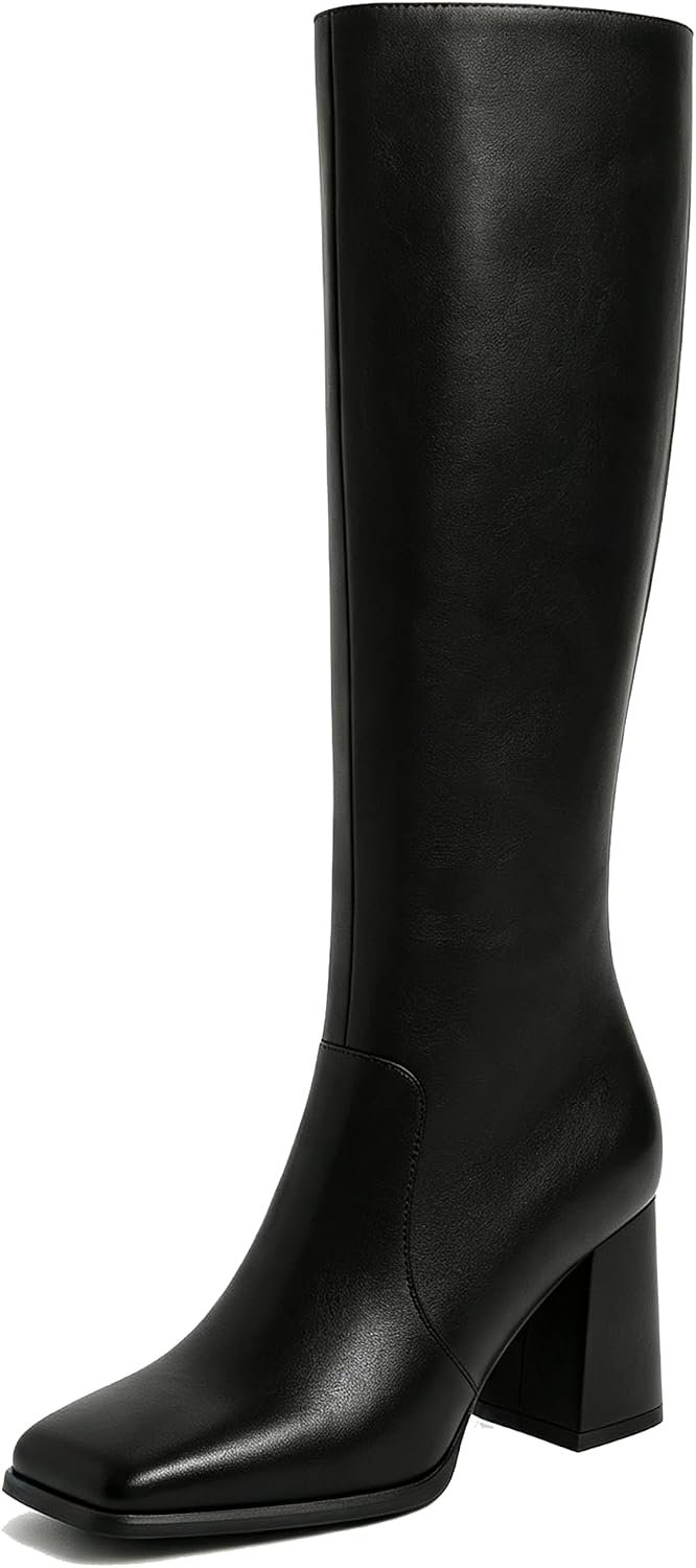 Modatope Knee High Boots Women Square Toe Chunky Heel Fashion Tall Boots