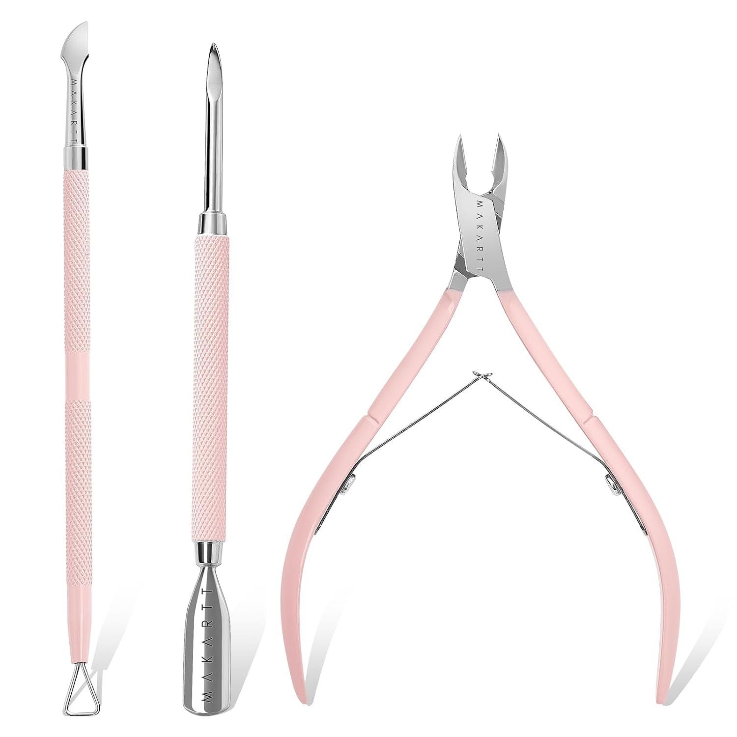 Makartt 3 Pcs Pink Cuticle Nipper Set, Stainless Steel Pusher & Scraper
