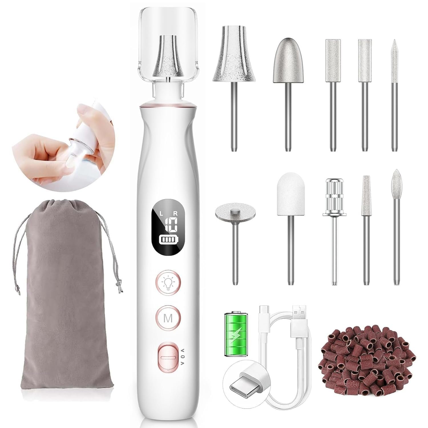 Electric Nail File Drill, Cordless Toe Nail Grinder for Thick Toenails & Callus, 10-Speed 2000mAh Rechargeable Nail Filer, 50Pcs Manicure Pedicure Kit with LED Lamp, Gifts for Men Women