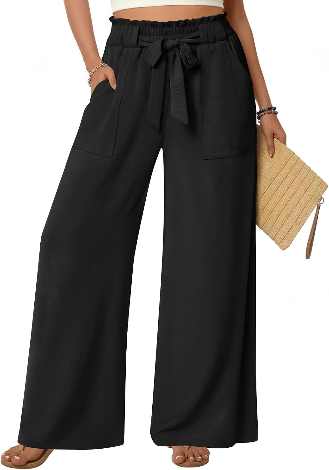 Anyhold Womens Wide Leg Palazzo Pants Flowy Work Pant Dressy Casual Pockets