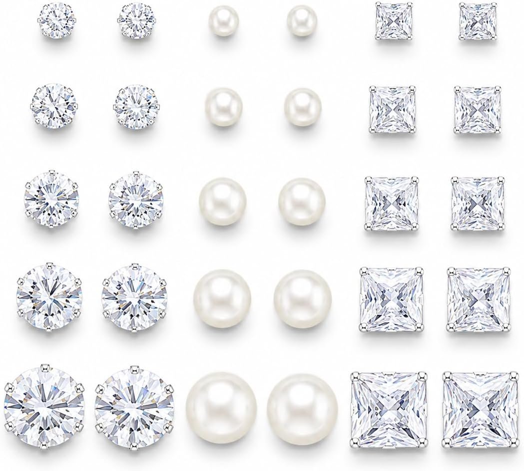 KISS WIFE 15 Pairs Silver Stud Earrings for Women, Cubic Zirconia Set | Multiple sizes and varied shapes with push-back closures, selected sets include faux pearl styles for everyday ear stacking.