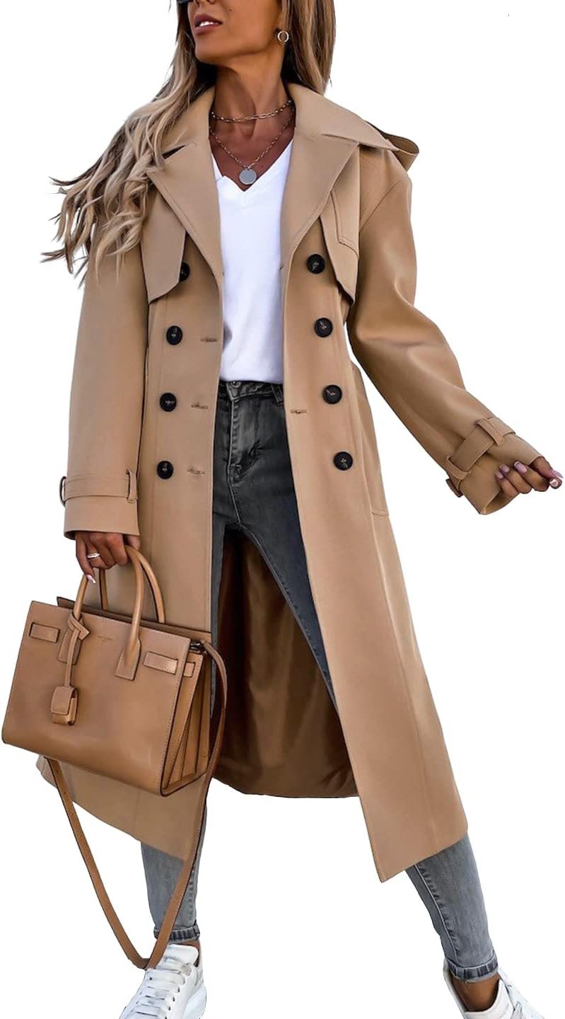 Fisoew Women’s Double Breasted Long Trench Coat Windproof Classic Lapel Belted Overcoat with Pockets