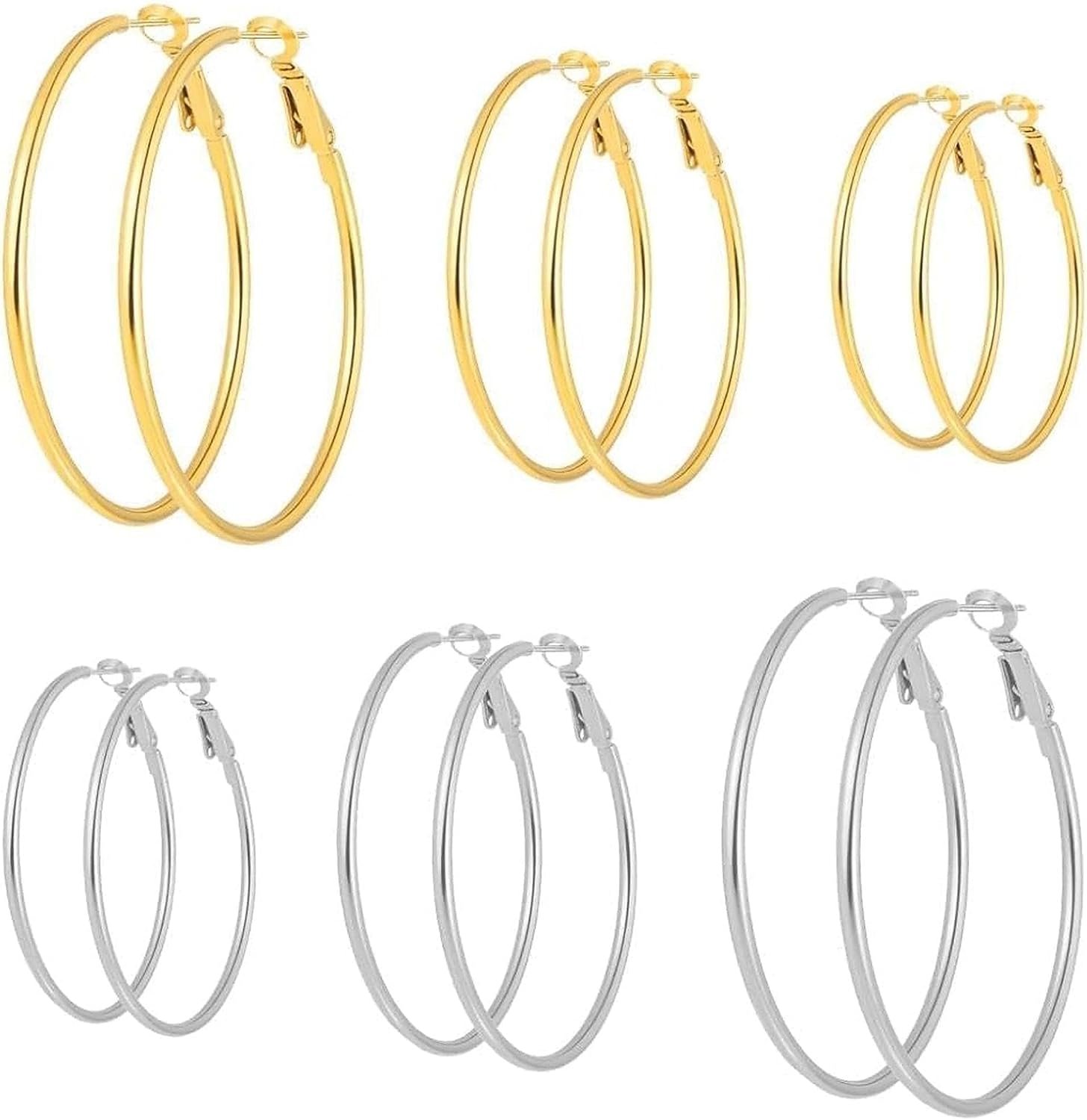 6 Pairs Gold Silver 316L Steel Hypoallergenic Hoop Earrings Set for Women