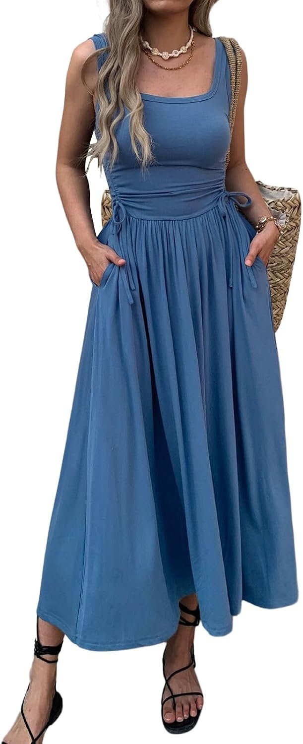 Mieazom Women’s Boho Summer Maxi Dress with Pockets, Adjustable Waist, Sleeveless Casual Ruched Sundress for Beach Vacation