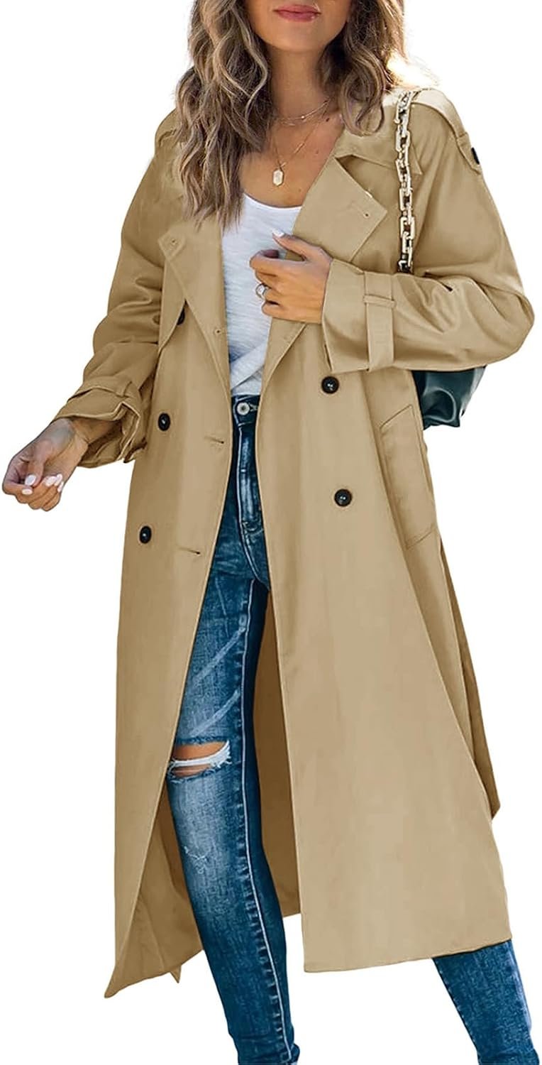 Womens Long Trench Coat Double Breasted Windproof Overcoat With Belt | Classic Lapel,Fall clothing, Spring outfits, Street outwear