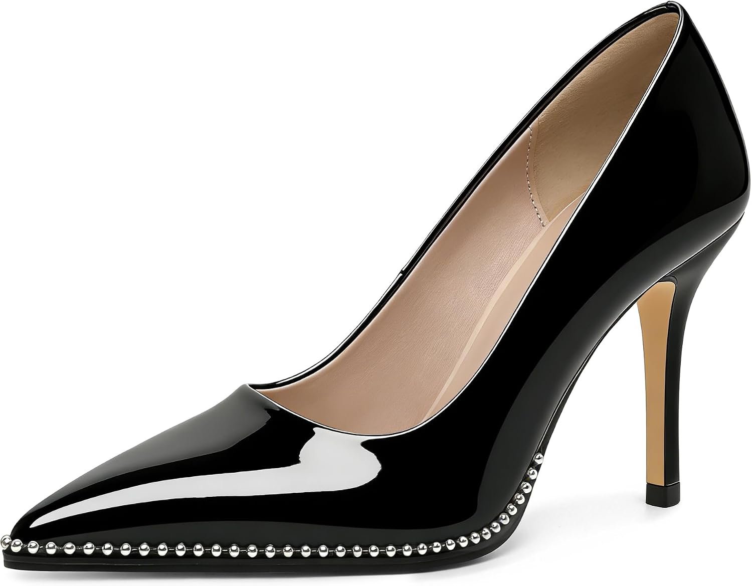 SAMMITOP Women Beaded Pumps Closed Pointed Toe High Heel Slip On Stilettos 3.5 Inch Sexy Heeled Dress Shoes Patent Leather