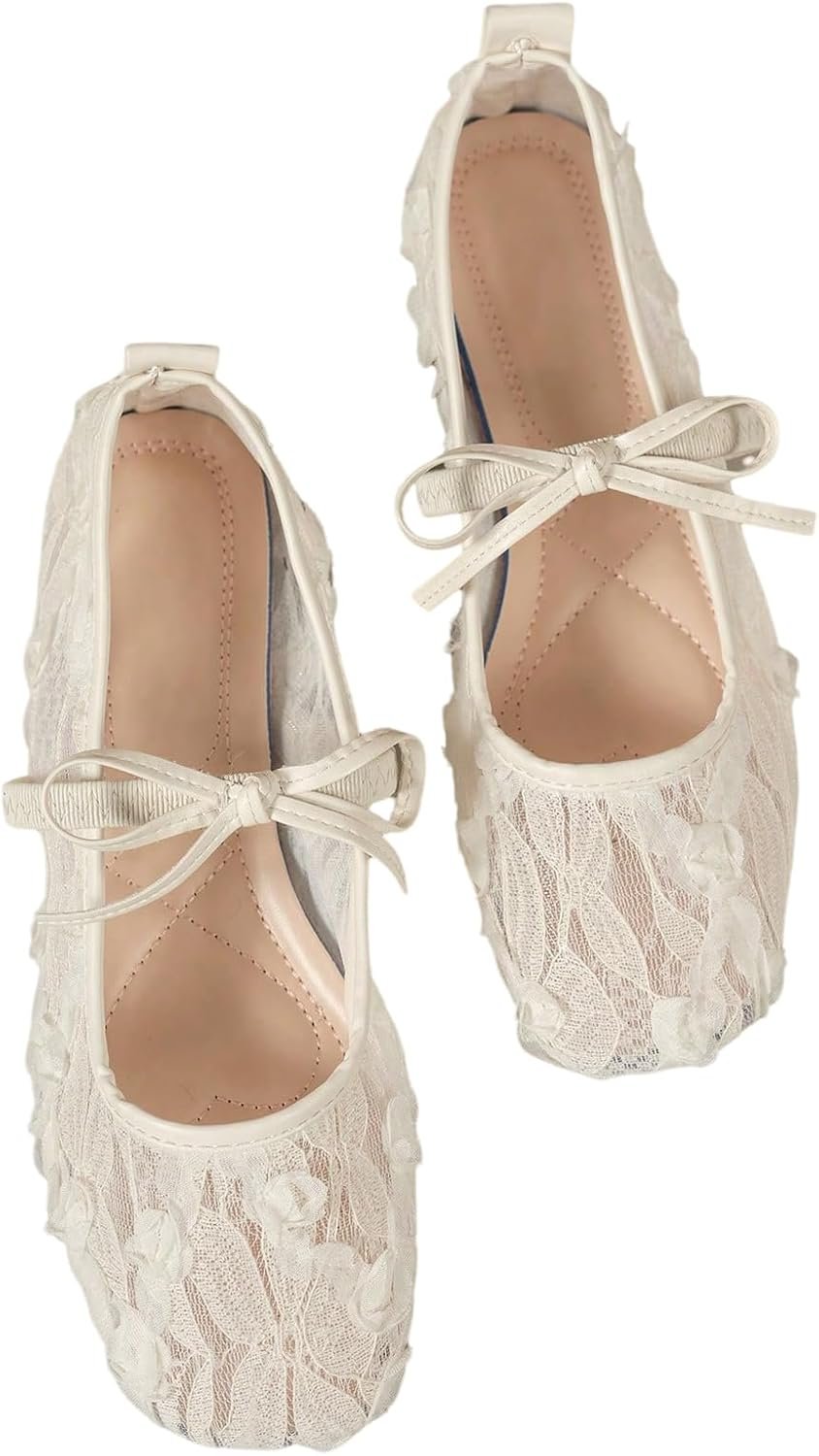 OYOANGLE Mesh Ballet Flats for Women Lace Ballerina Flats Dressy Shoes