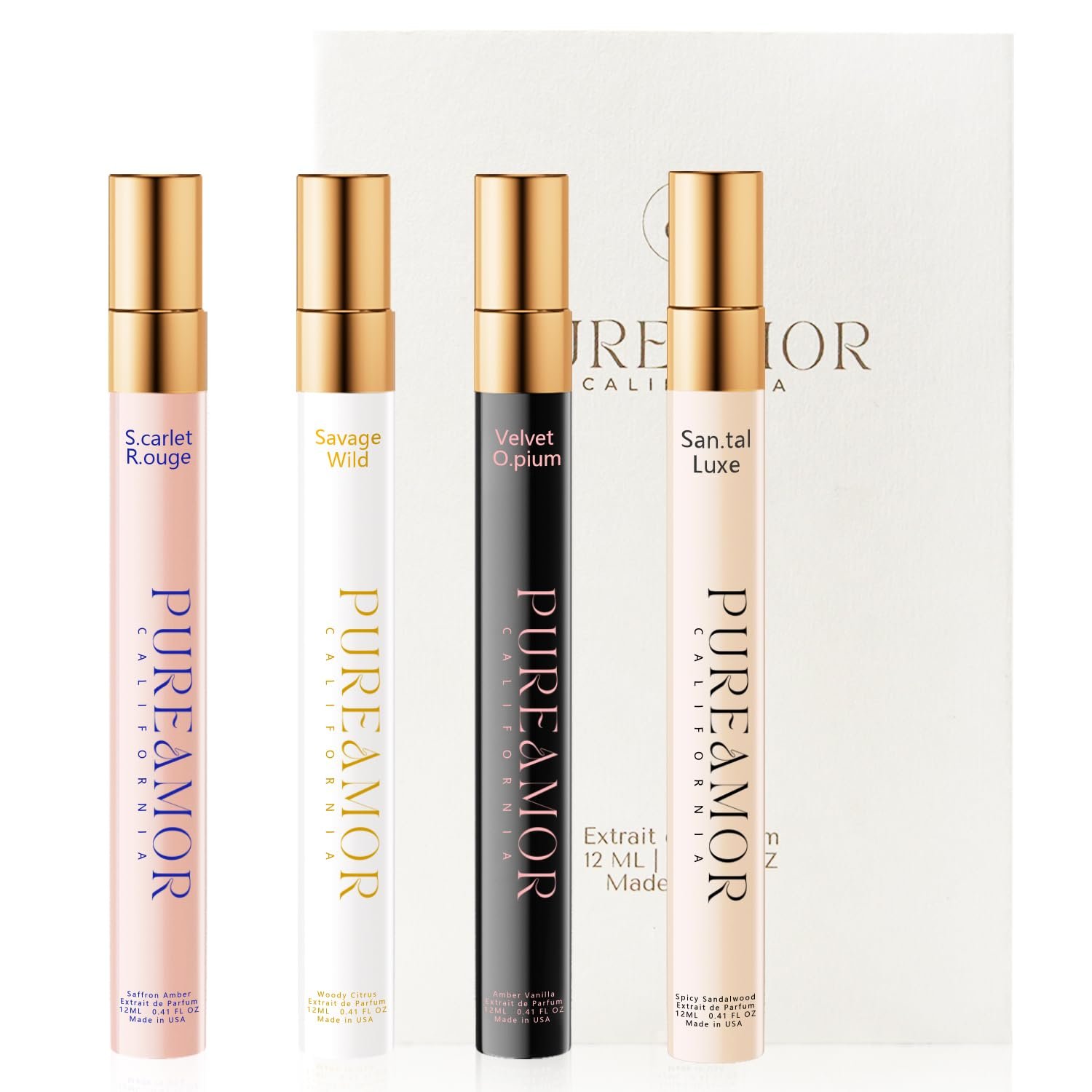 PUREAMOR Pheromones Perfumes for Women, Long lasting Skin Scent Fragrance Set, Amber Vanilla, Saffron Amber, Woody Citrus, Spicy Sandalwood, Body Chemistry Perfume Oil Travel Cologne for Day & Night