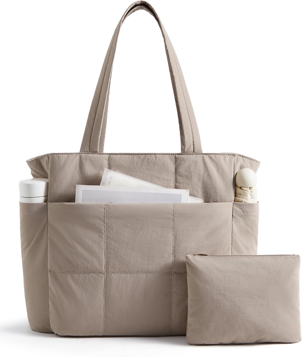 LIGHT FLIGHT Tote Bag for Women, 2-Pc Puffy Tote Bag Set with Compartments, Lightweight Large Shoulder Handbags for Travel