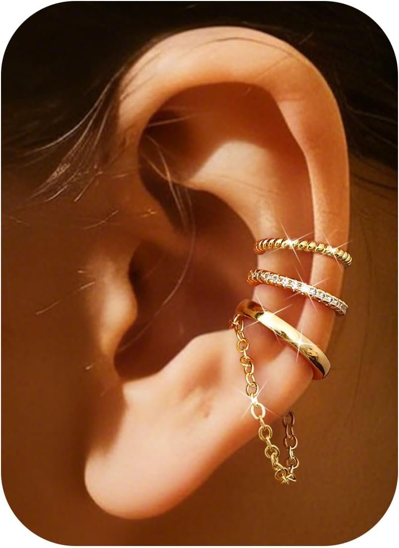 Kakonia 14K Gold Plated Ear Cuffs Non Piercing for Women, Fake Earring Set