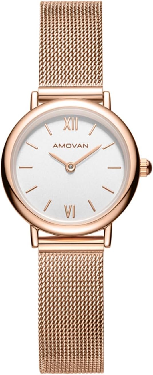 Gold Watch for Women with Small Stainless Steel Mesh Band, Two Hands Minimalist, Round Case Roman Dial, Adjustment Tool Included, Water Resistant