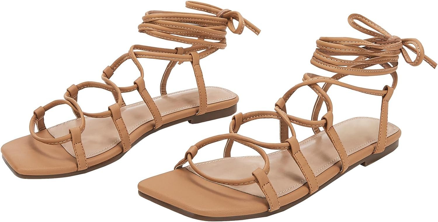 PiePieBuy Womens Lace up Strappy Sandals Criss-Cross Flat Gladiator Sandals Ankle Strap Square Toes Summer Shoes