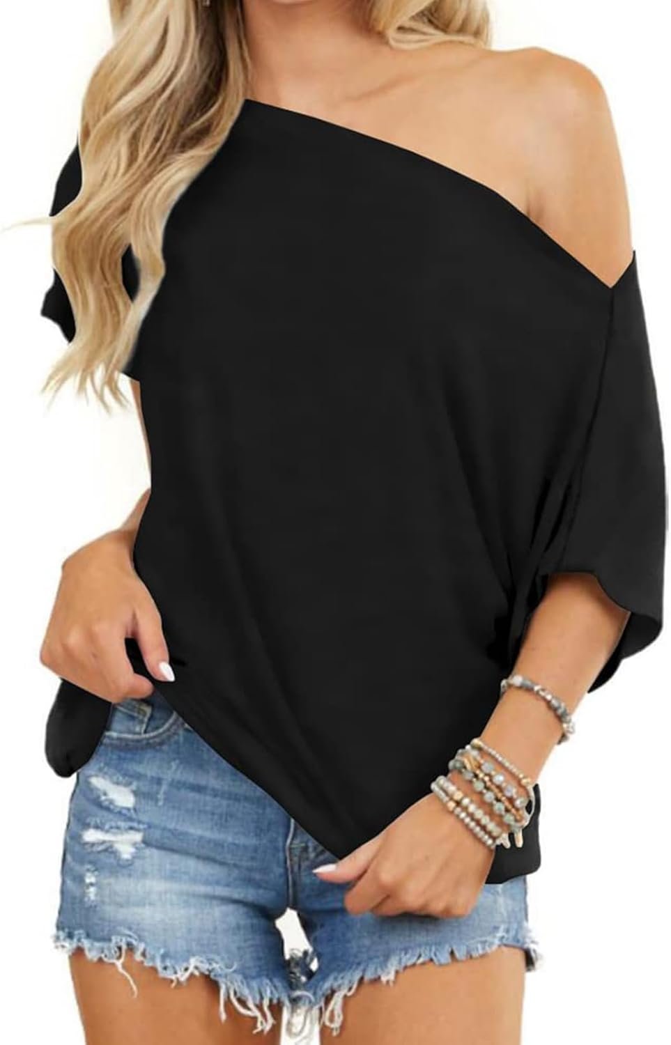 Eniloyal Off The Shoulder Tops for Women Short Sleeve Trendy T Shirts Loose Batwing Summer Going Out Oversized Blouse Tunic