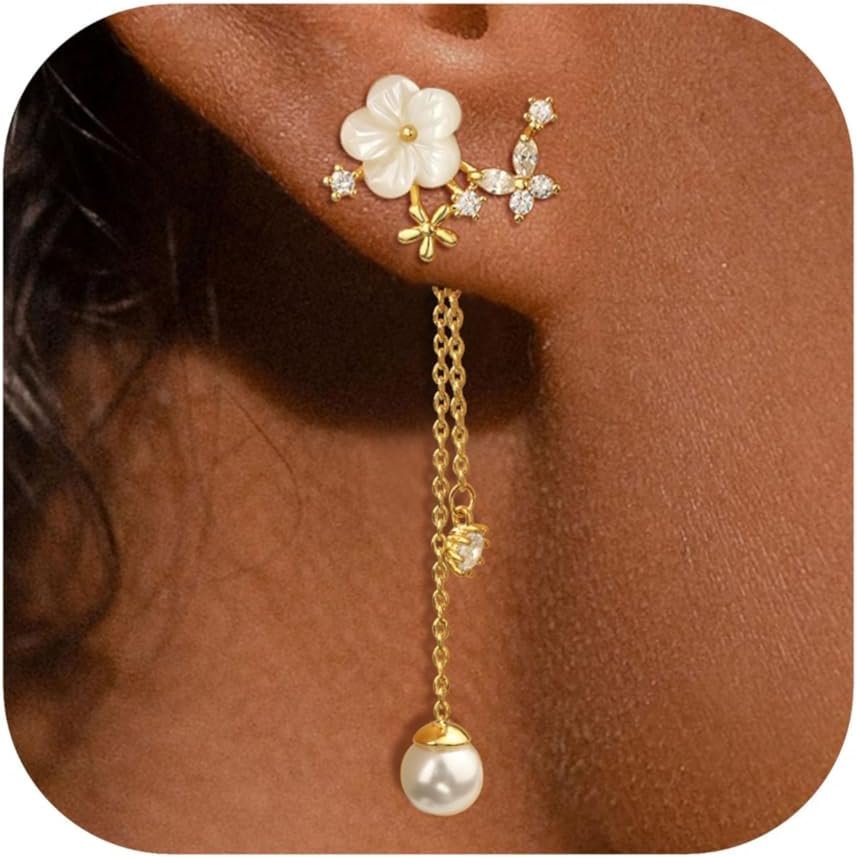 Dangle Pearl Drop Gold Earrings for Women Flower Wedding Jewelry
