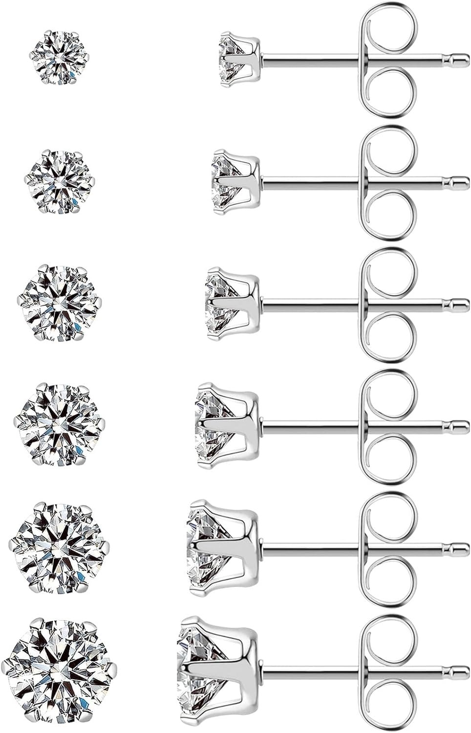 Ringcal Stainless Steel Stud Earrings Set Hypoallergenic Cubic Zirconia 14K White Gold CZ Earrings for Women