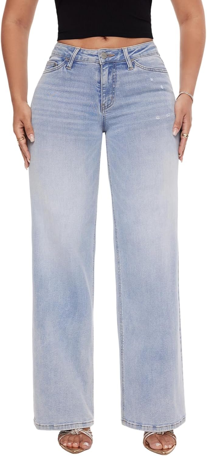 ONESO Wide Leg Jeans for Women Mid Low Rise Baggy Stretchy Denim Pants | Tummy Control, BBL Jeans Fit, Distressed Pants, Elastic Waist, Lady Basic Comfortable Denim, Relaxed Fit, For Daily Wear