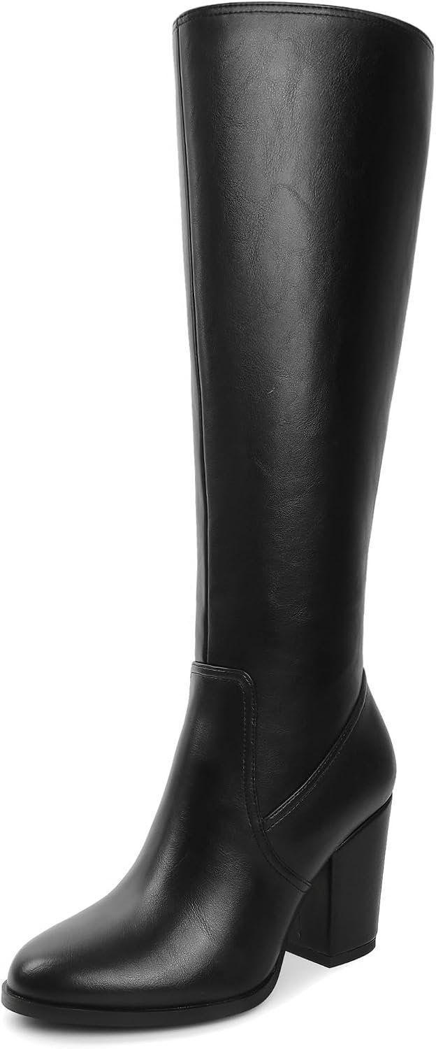 Eldof Knee High Boots for Women Chunky Heel Round Toe Block High Heel Tall Long Leather Boots Gogo 3.5 Inches