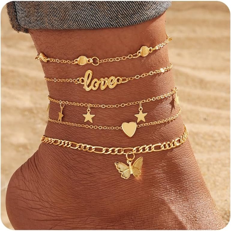 KISS WIFE Gold Anklets for Women, Adjustable Layered Charm Ankle Chains