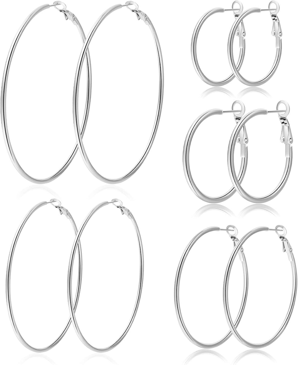 PABBEU 5Pairs Stainless Steel Large Silver Hoop Earrings for Women 25-70MM