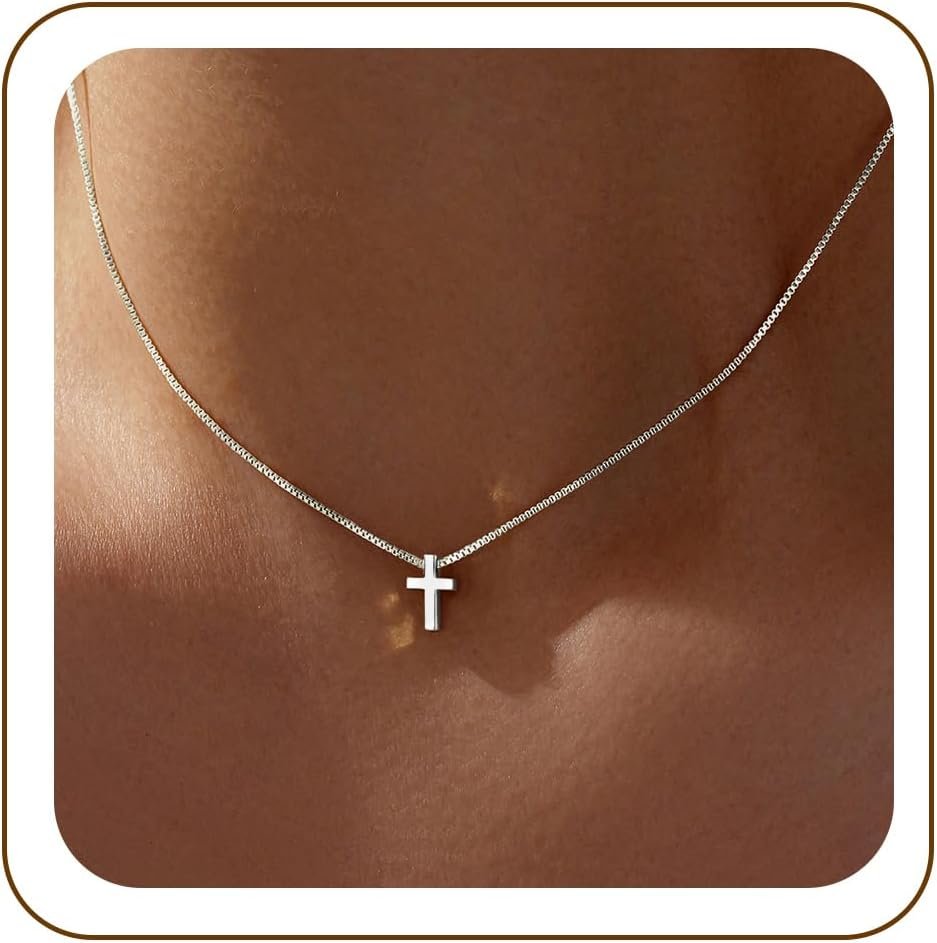 Poxtex Cross Necklace for Women Teen Girls, Dainty 14K Gold Silver Plated Cross Choker Jewelry Non Tarnish Waterproof Cute Simple Small Necklace Christian Baptism Religious Faith Jewelry Gifts
