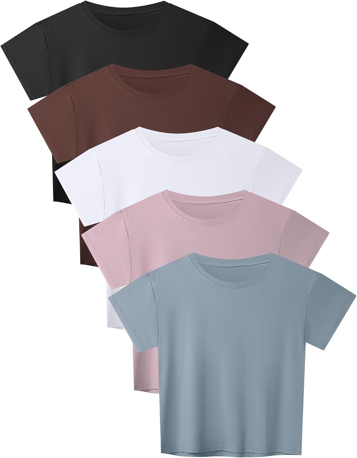 HOPLYNN 5 Pack Women’s Loose Fit Short Sleeve Workout Crop Top T-Shirts | Cropped, Boxy, Baggy, Ultra-soft Fabric, Gym, Athletic, Running, Yoga, Hiking, Sports, Casual, Activewear, Crew Neck T-Shirts
