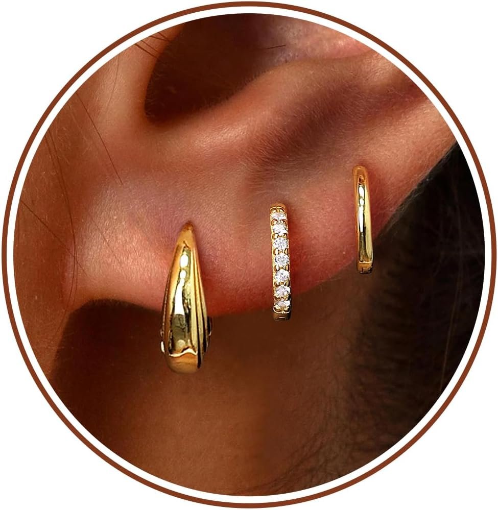 Poxtex Small Sterling Silver Huggie Hoop Earrings Set for Women, Hypoallergenic 14K Gold Plated Hoops Stacks for Multiple Piercings, Dainty Cute Mini Lightweight Cartilage Studs Trendy Jewelry Gift