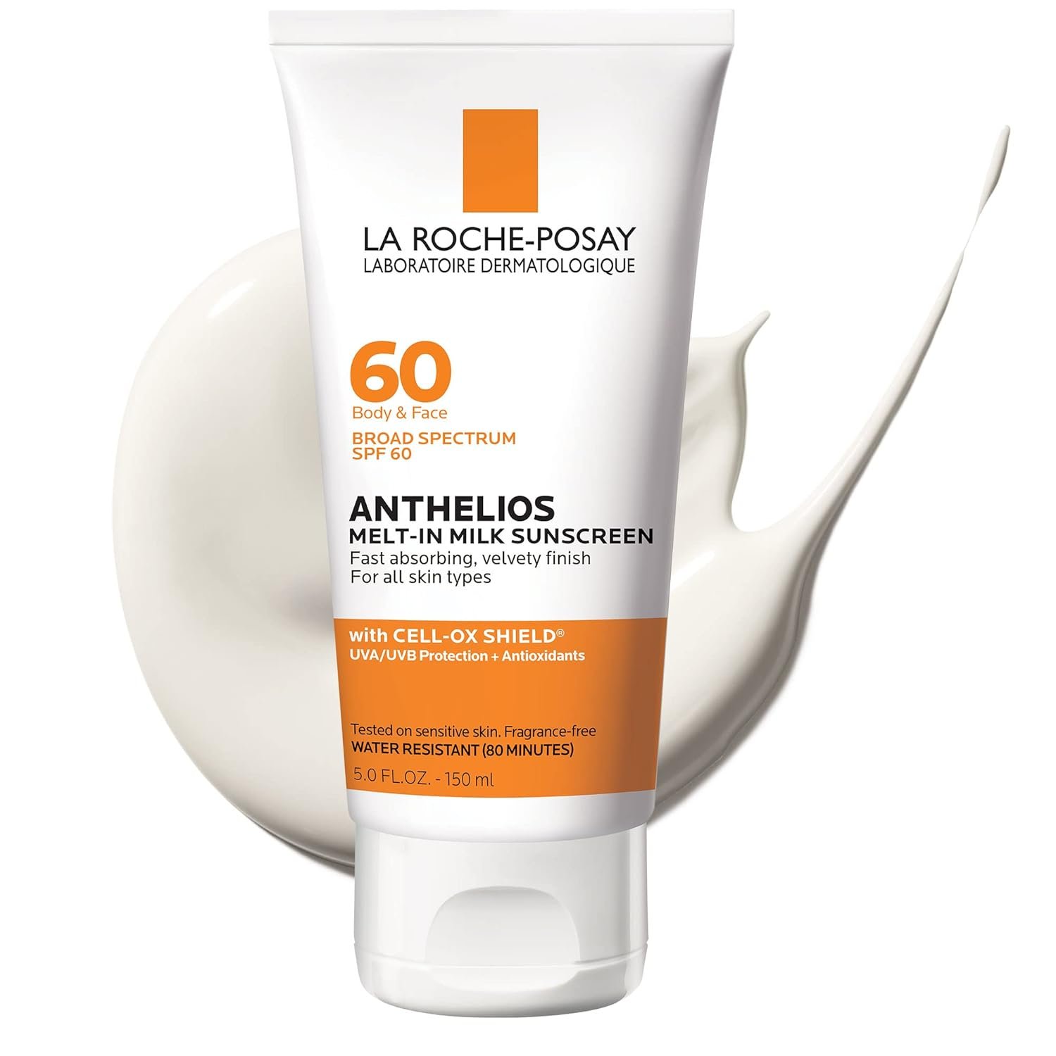 La Roche-Posay Anthelios Melt-In Milk Sunscreen for Face & Body SPF 60 | Lightweight, fast-absorbing sunscreen with antioxidants for broad spectrum protection. Oil free and oxybenzone free.