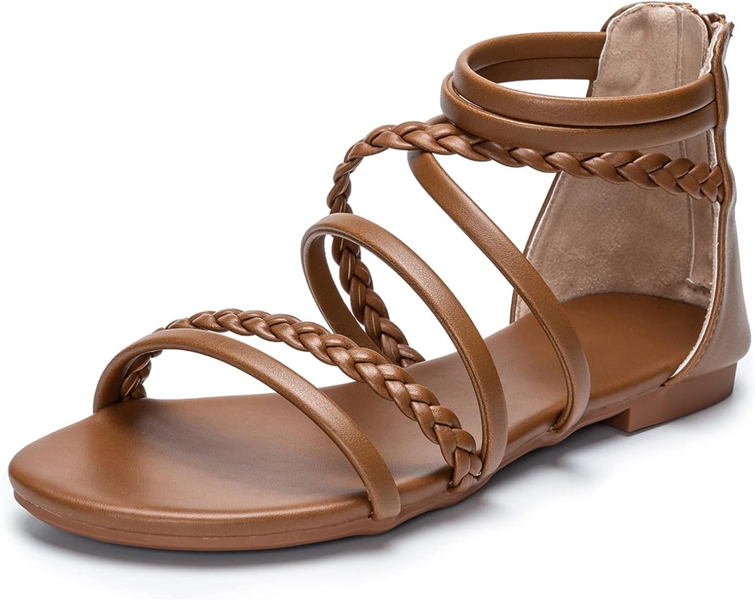 youngshow Women’s Braided Strappy Sandals – Open Toe Dressy Gladiator Flat Sandals with Back Zipper, Casual Summer Beach Shoes