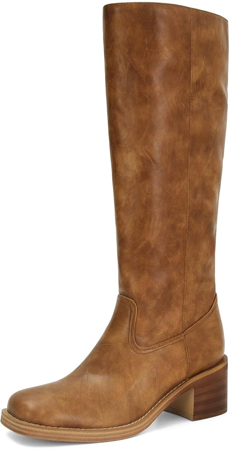 ZJGZF Womens Banana Knee High Boots Square Toe Comfortable Boots Block Heel Riding Boots Wide Calf Tall Boots
