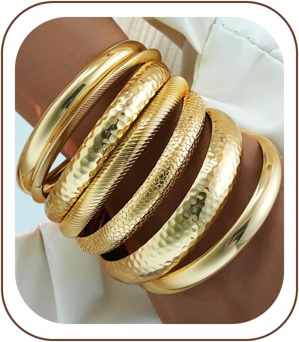 7Pcs Gold Bangle Bracelets for Women, 14K Plated Boho Indian Stackable Set | Chunky Stackable Bangle Set, Layered Boho Bracelets, Non Tarnish Lightweight Jewelry, Hypoallergenic, Great Gift for Women