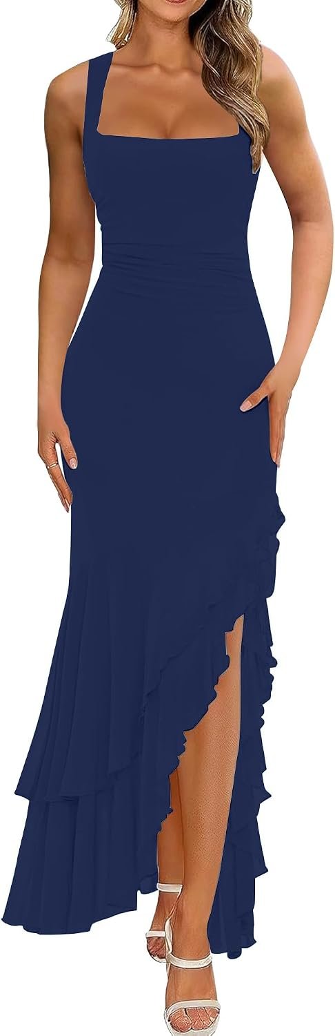 BORIFLORS Women’s Elegant Bodycon Ruched Maxi Cocktail Dress