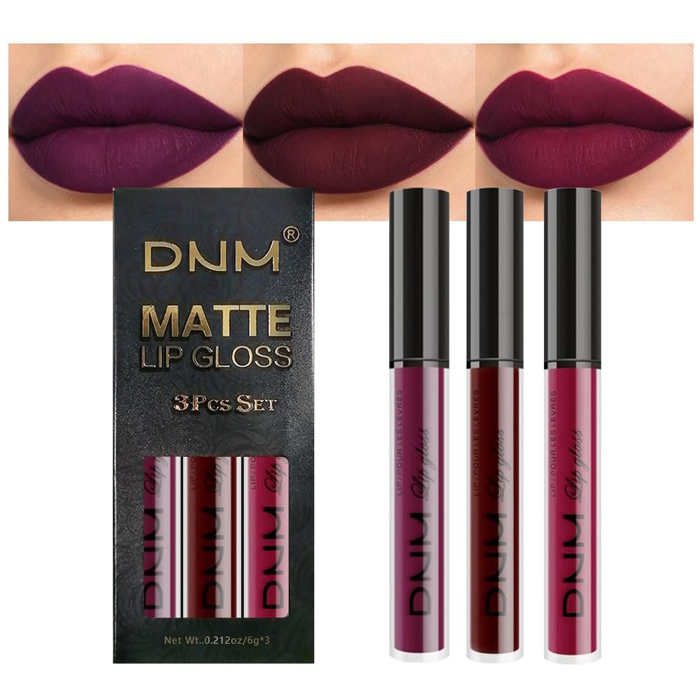 evpct 3Pcs Dark Red Purple Plum Matte Liquid Lipstick Sets for Women Matte Lip Stain Long Lasting Waterproof, Burgundy Blood Blue Red lipstick, Black Cherry Maroon Gothic 24 Hours Magic Lipsticks