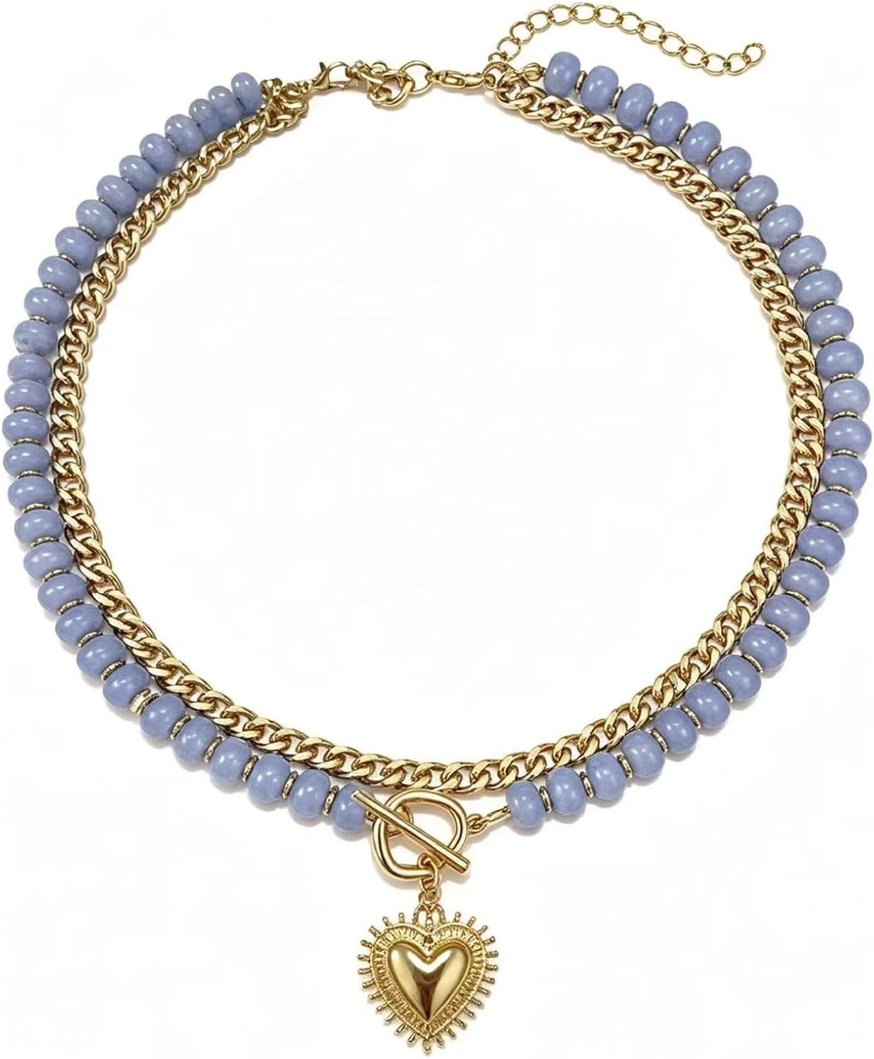 Layered Stone Beaded Choker Necklaces for Women Boho Natural Heart Pendant