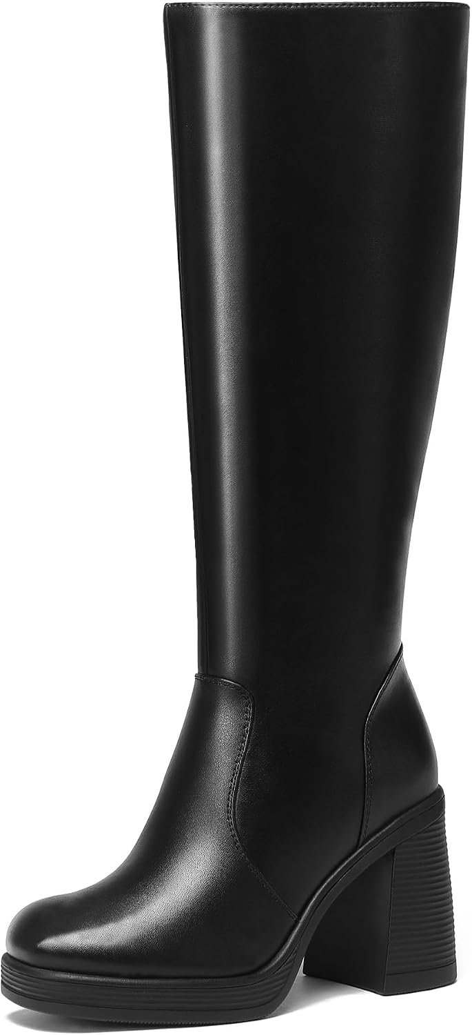 Knee High Boots Women Chunky Heeled Square Toe Boot Platform Tall Long Boots Side Zipper Gogo Boots