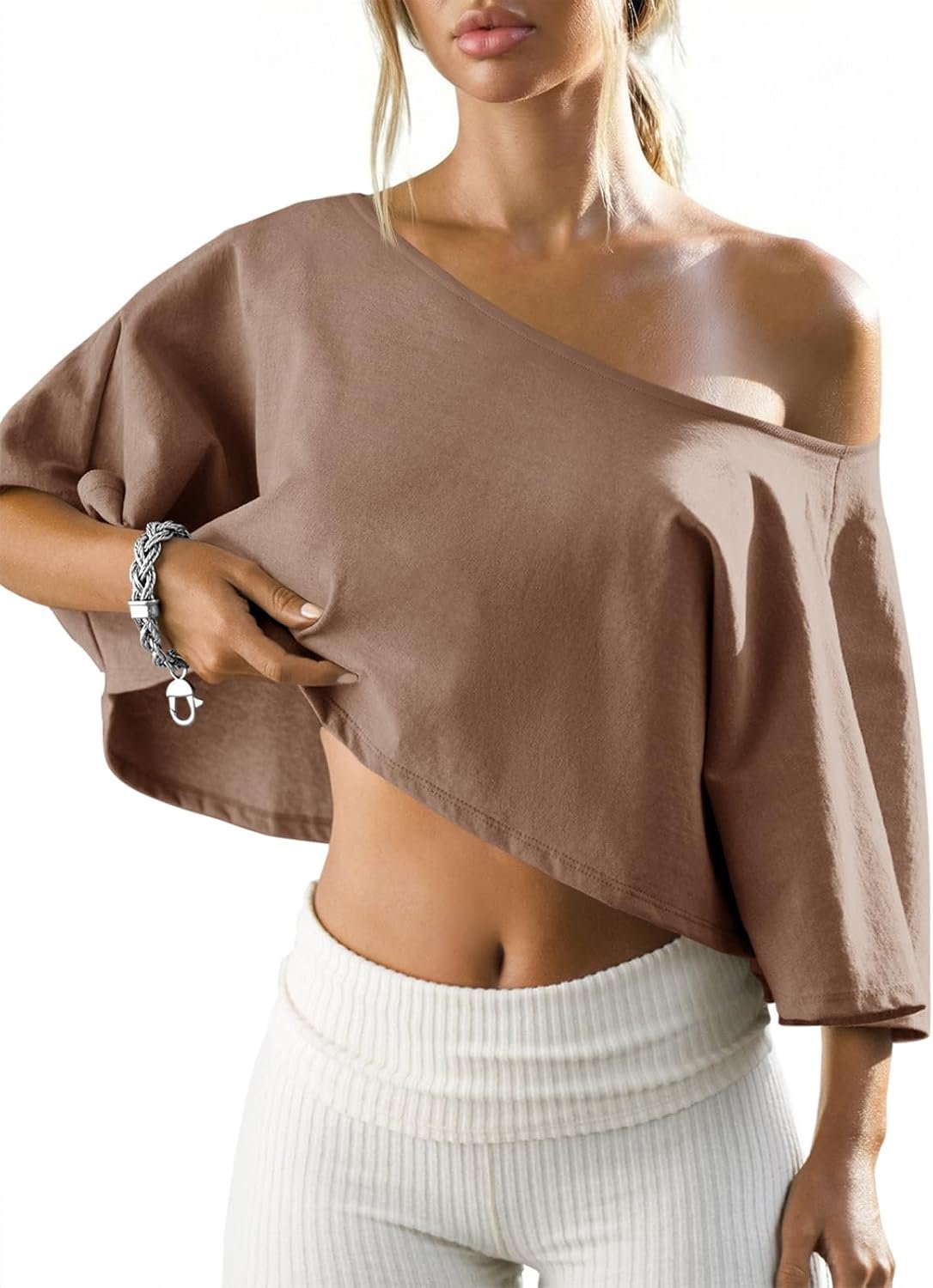 Fisoew Womens Off Shoulder Cropped Tops Batwing Short Sleeve Workout Shirts