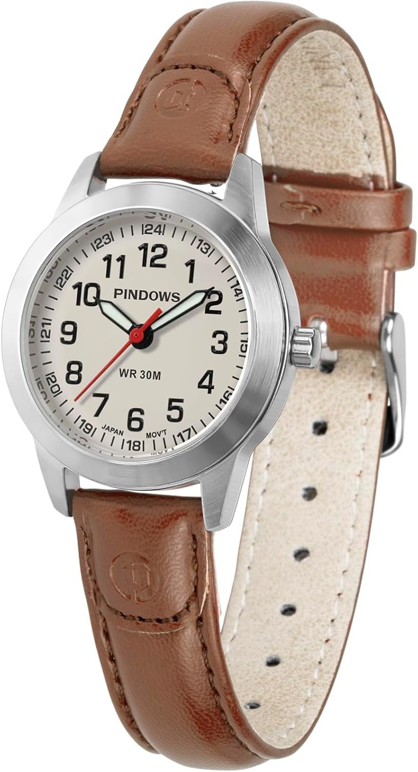 PINDOWS Watches for Women, Small Easy-Read Analog Quartz, Leather Strap